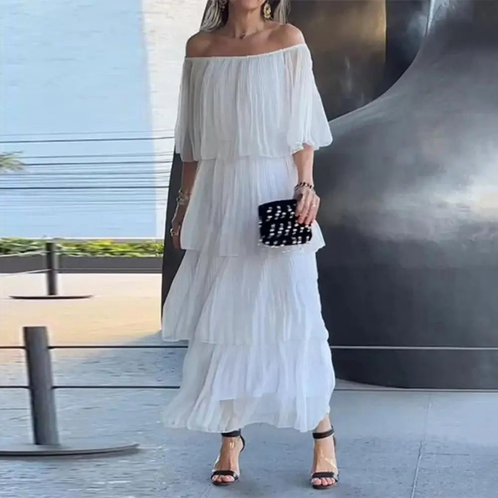 NURIA - PLEATED DRESS WITH BARE SHOULDERS