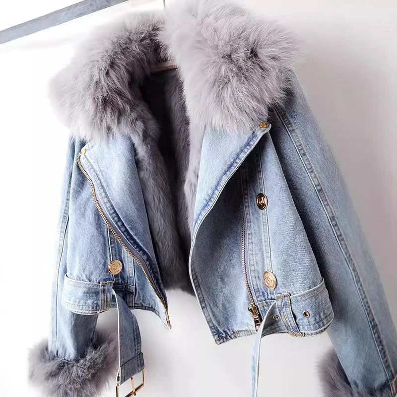 CAROLINE - LUXURY DENIM FOX FUR JACKET