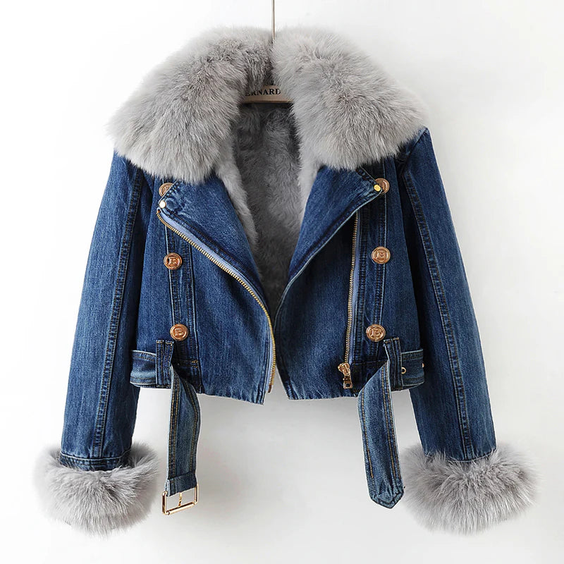 CAROLINE - LUXURY DENIM FOX FUR JACKET