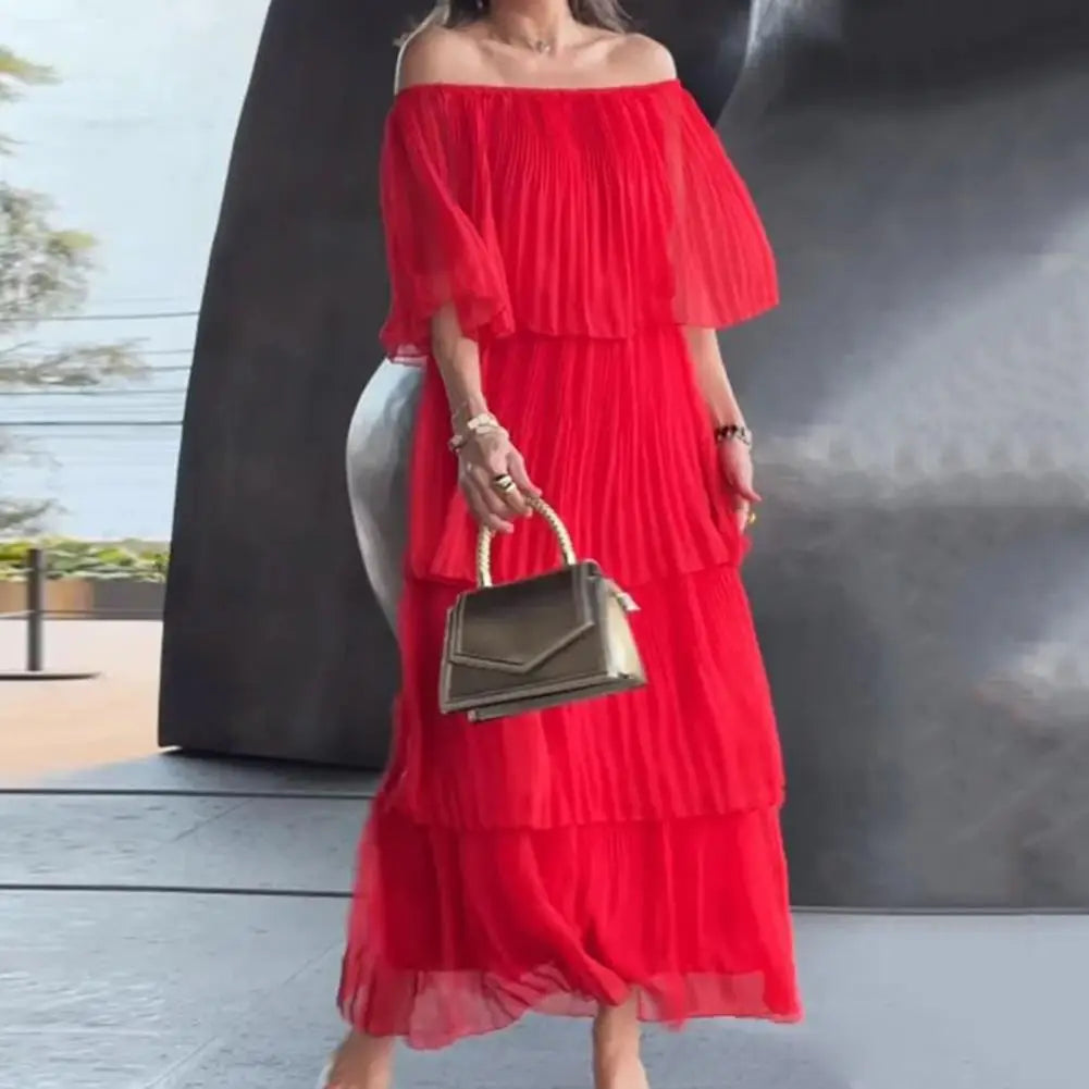 NURIA -  PLEATED DRESS WITH BARE SHOULDERS