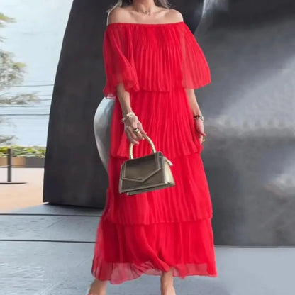 NURIA -  PLEATED DRESS WITH BARE SHOULDERS