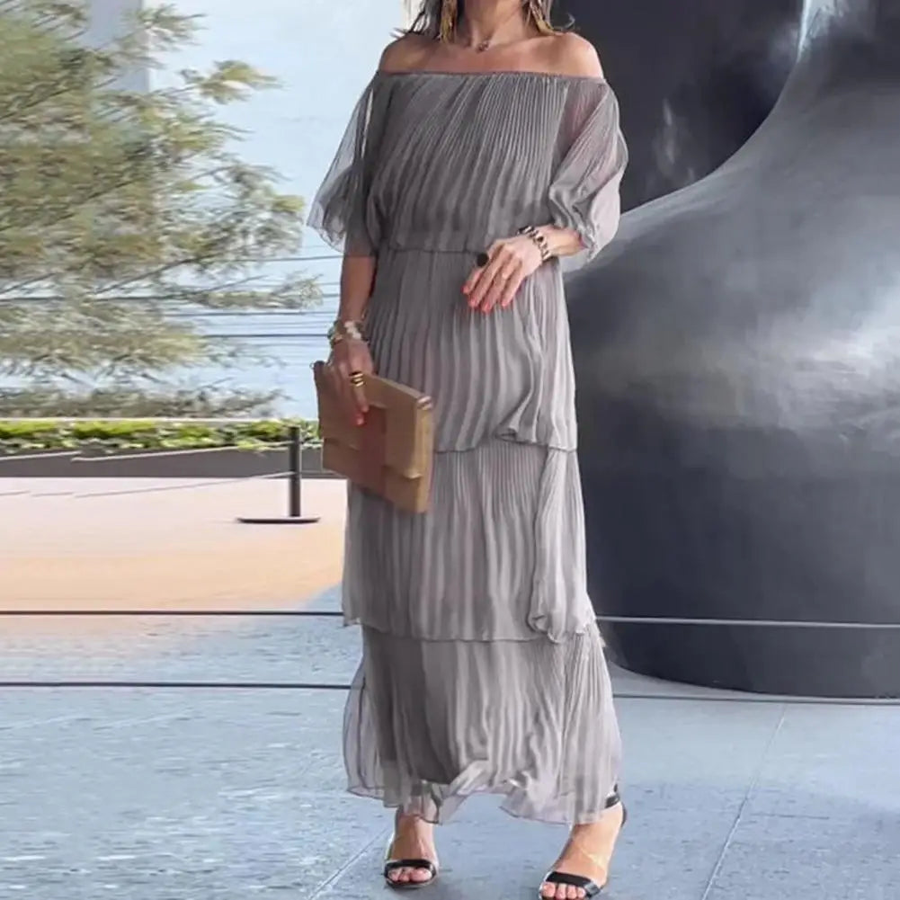 NURIA -  PLEATED DRESS WITH BARE SHOULDERS