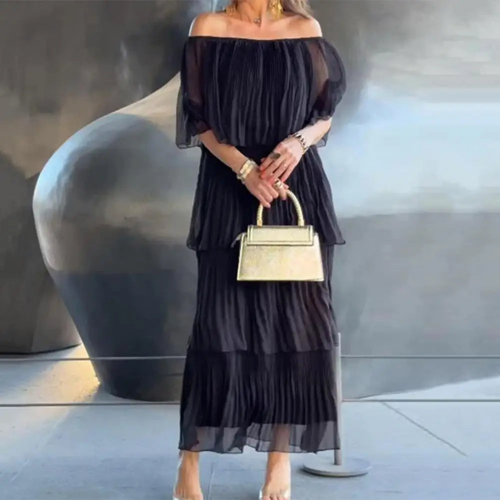 NURIA -  PLEATED DRESS WITH BARE SHOULDERS